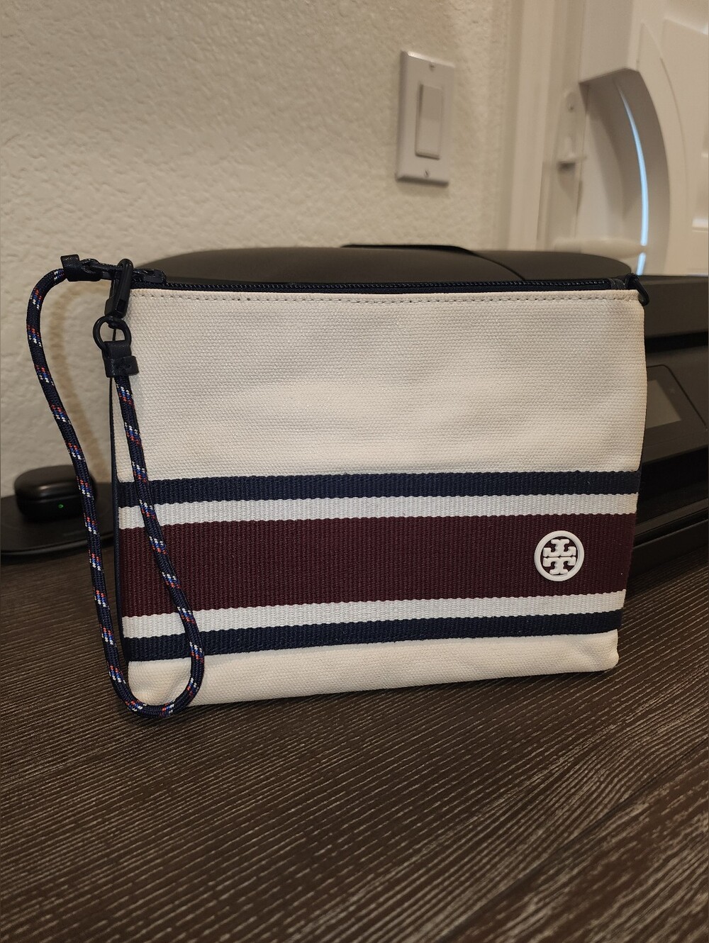 Tory Burch Cream & Navy Wristlet Pouch with Card Slots In Coated Canvas